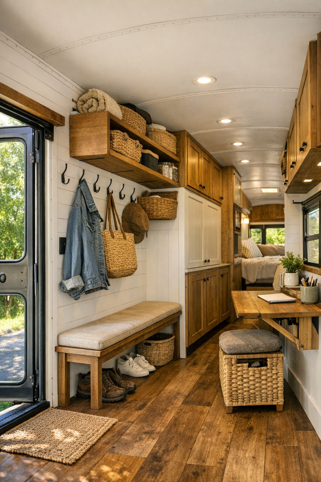 Entry and multipurpose corridor in a converted bus with built-in storage and rustic details