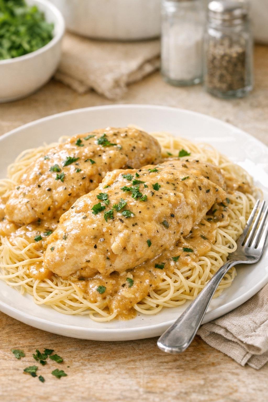 Finished creamy angel chicken plated over pasta