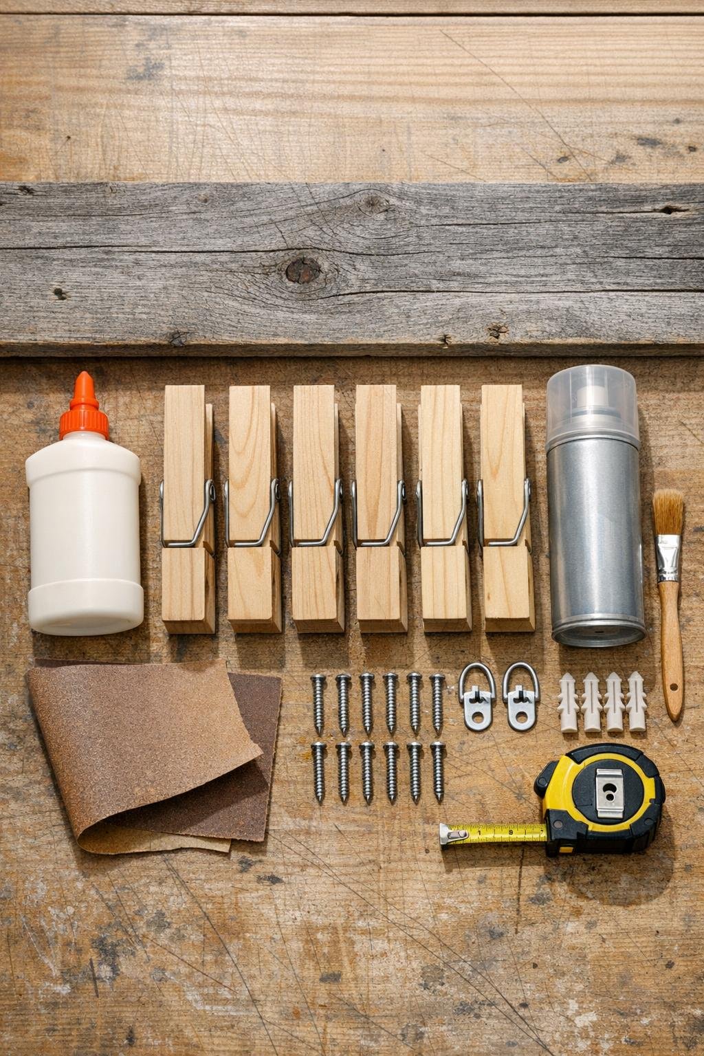 Materials for a barn wood clothespin entryway hook laid out together