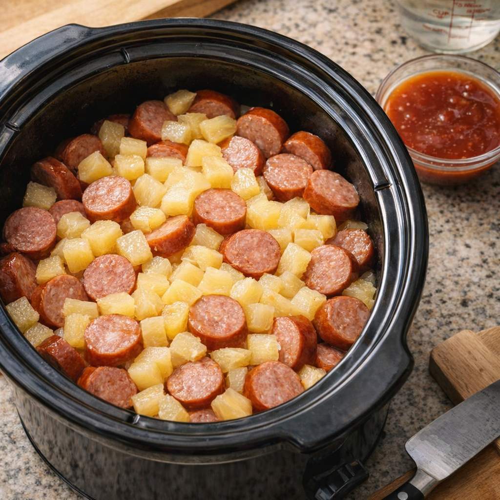 Sliced kielbasa and pineapple ready for the slow cooker