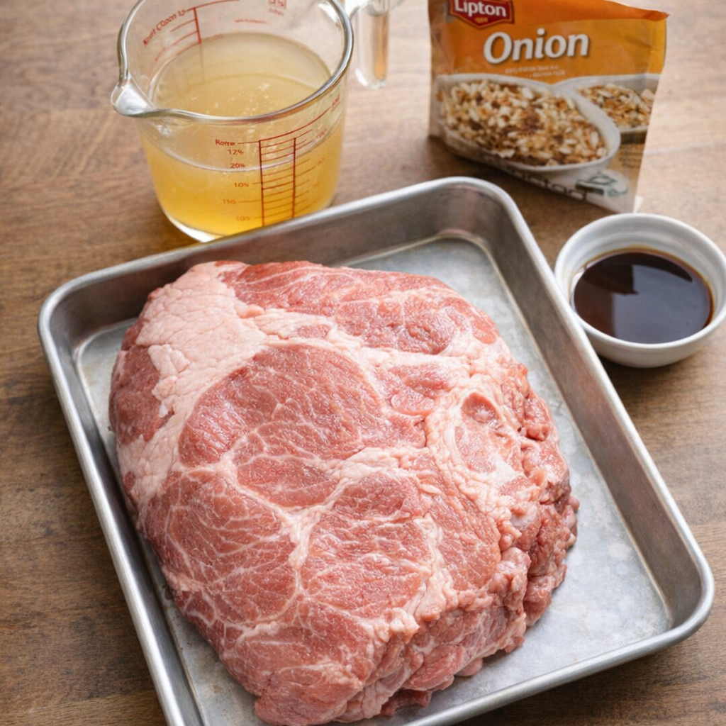 Slow cooker pork shoulder ingredients arranged on a kitchen counter