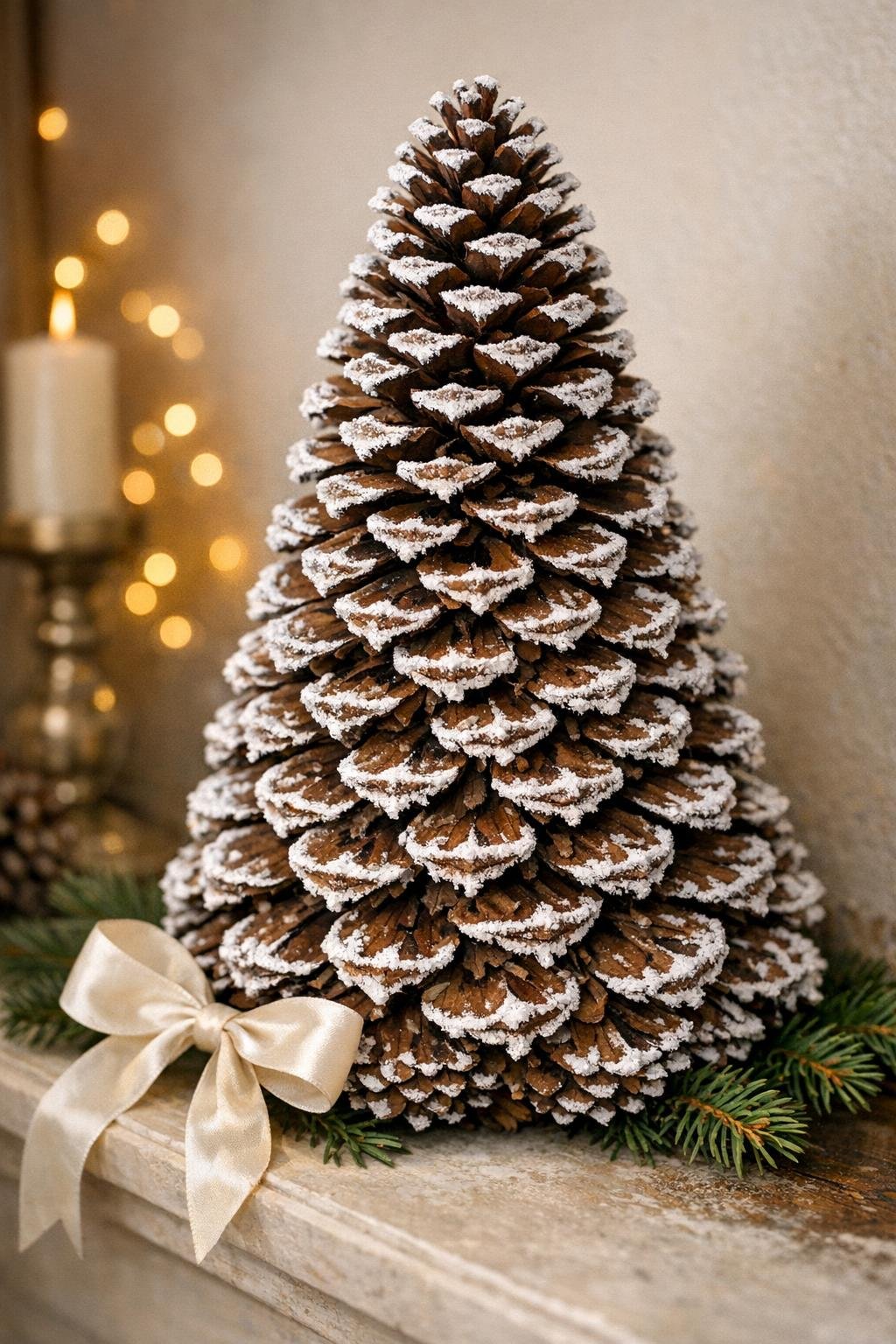 Finished pinecone tabletop Christmas tree displayed for the holidays