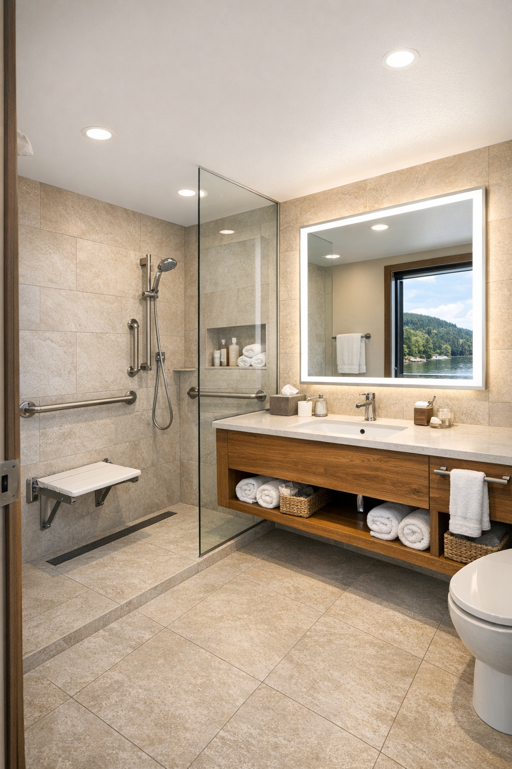Refined bathroom with curbless shower, warm wood vanity, and pale stone finishes