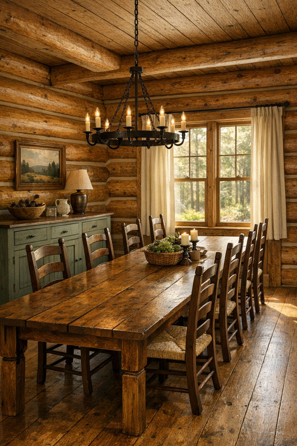Rustic dining room with a long wood table, rush seat chairs, and iron chandelier