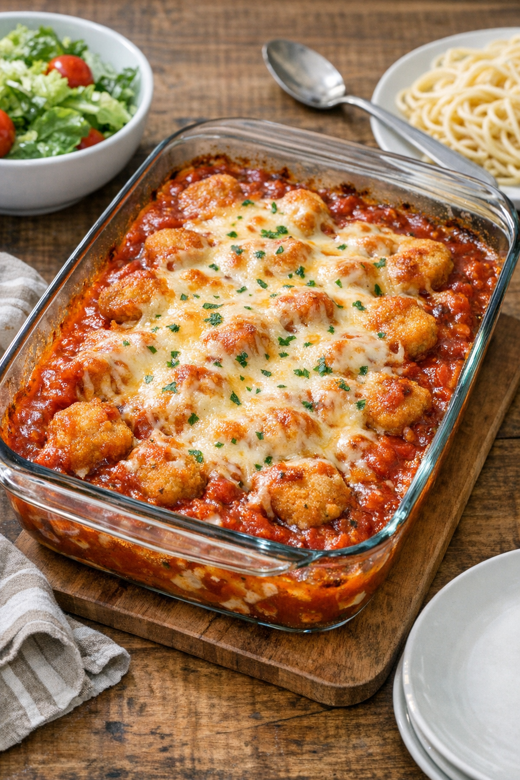 Baked chicken nugget casserole finished with melted cheese in a glass baking dish