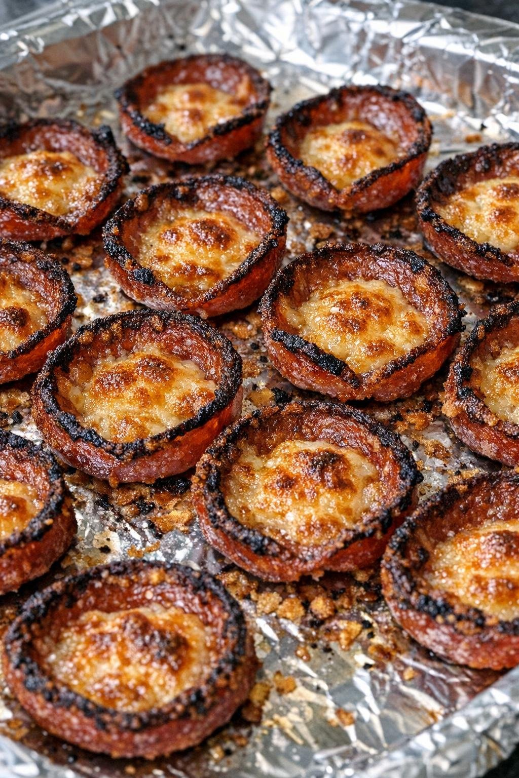 Crispy pepperoni chips with toasted cheese centers on a foil-lined tray