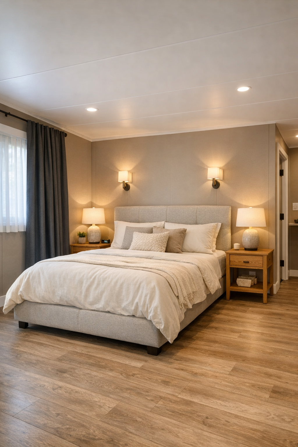 Calm bedroom with taupe walls, ivory bedding, and natural wood accents