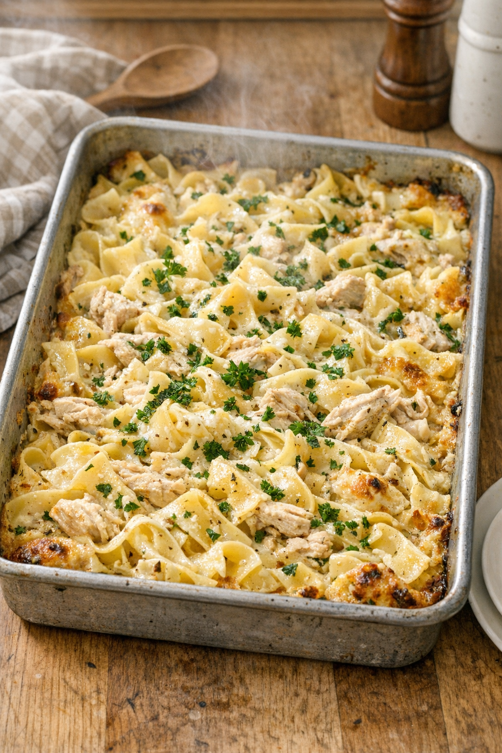 Finished baked ranch noodle casserole in a baking dish