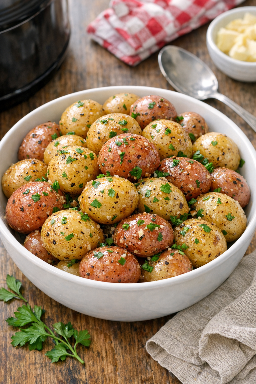 Finished slow cooker baby creamer potatoes in a serving bowl