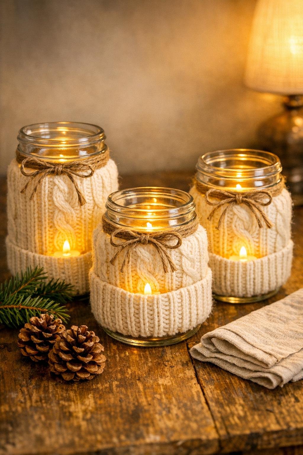 Finished sweater jar candle holders glowing on a table