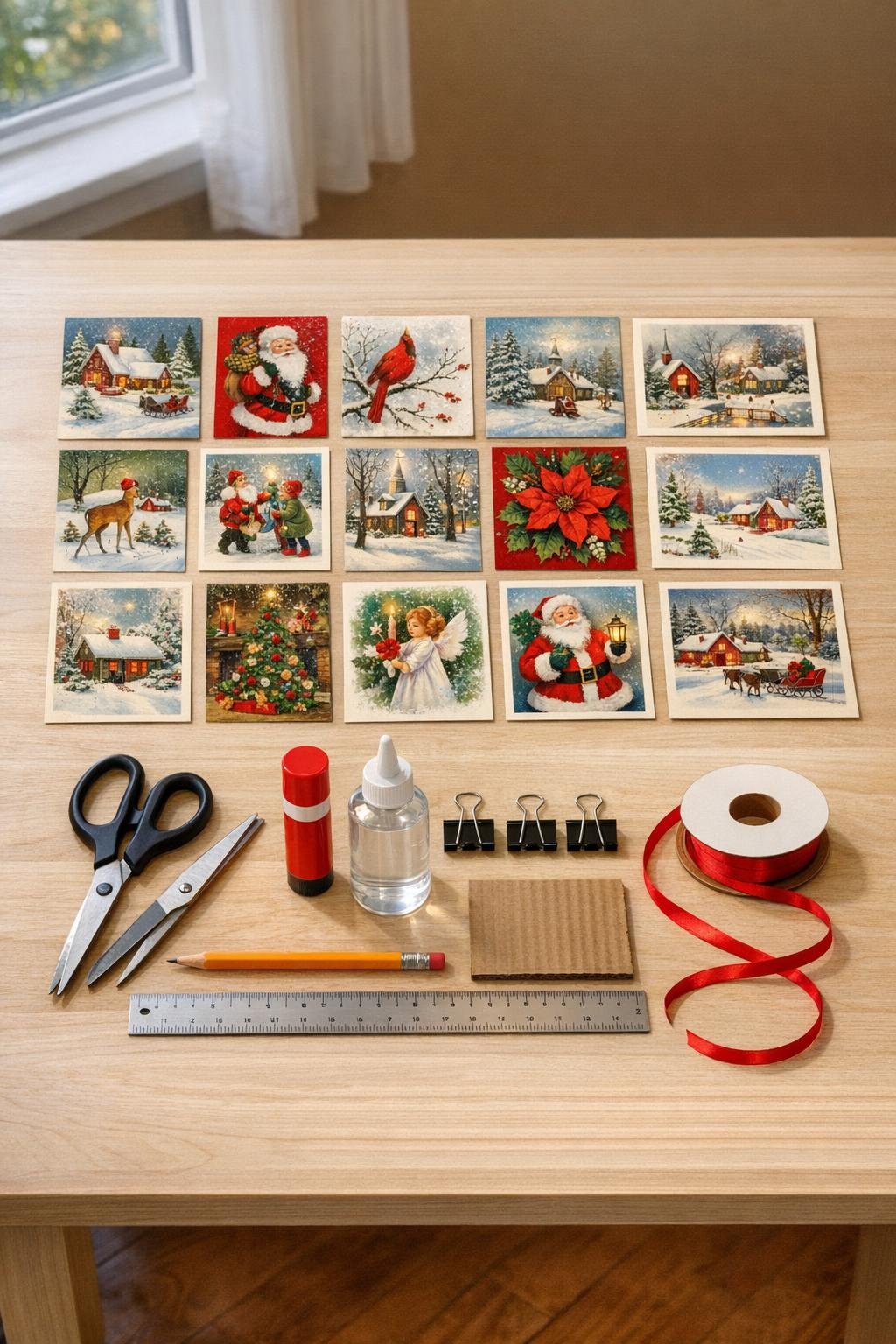 Materials for making a Christmas card tabletop tree