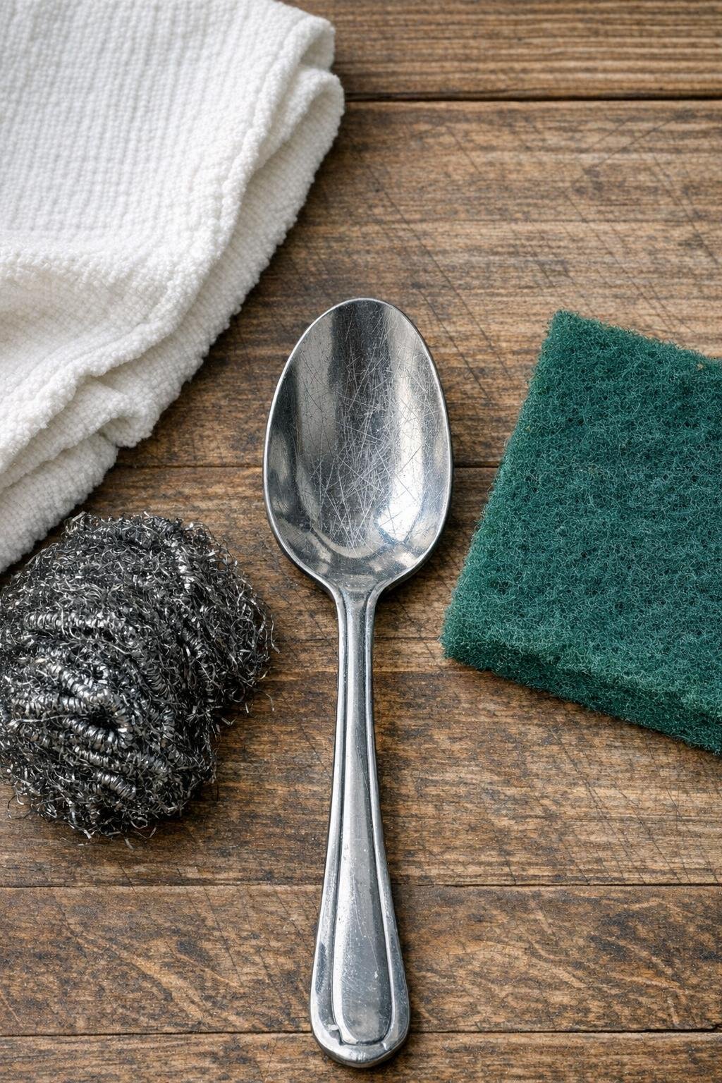 Scratched silverware beside abrasive scrubbers and a soft towel