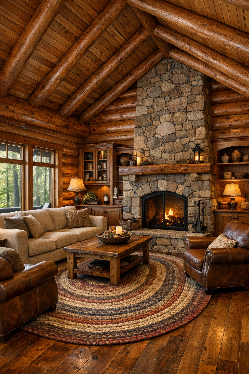 Warm log home living room with vaulted beams, stone fireplace, and handcrafted wood cabinetry
