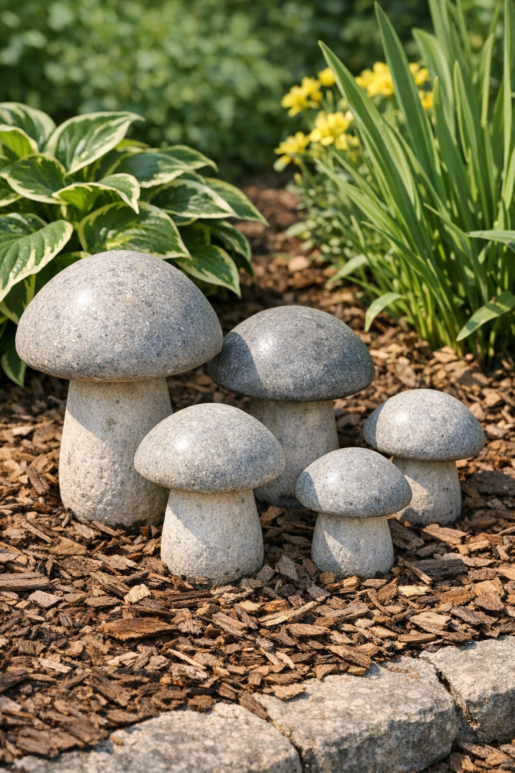 Finished stone garden mushrooms displayed in a flower bed
