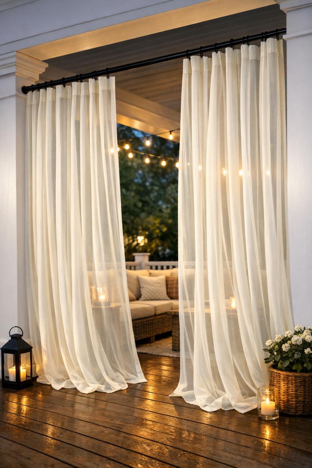 Finished patio privacy curtain between porch columns