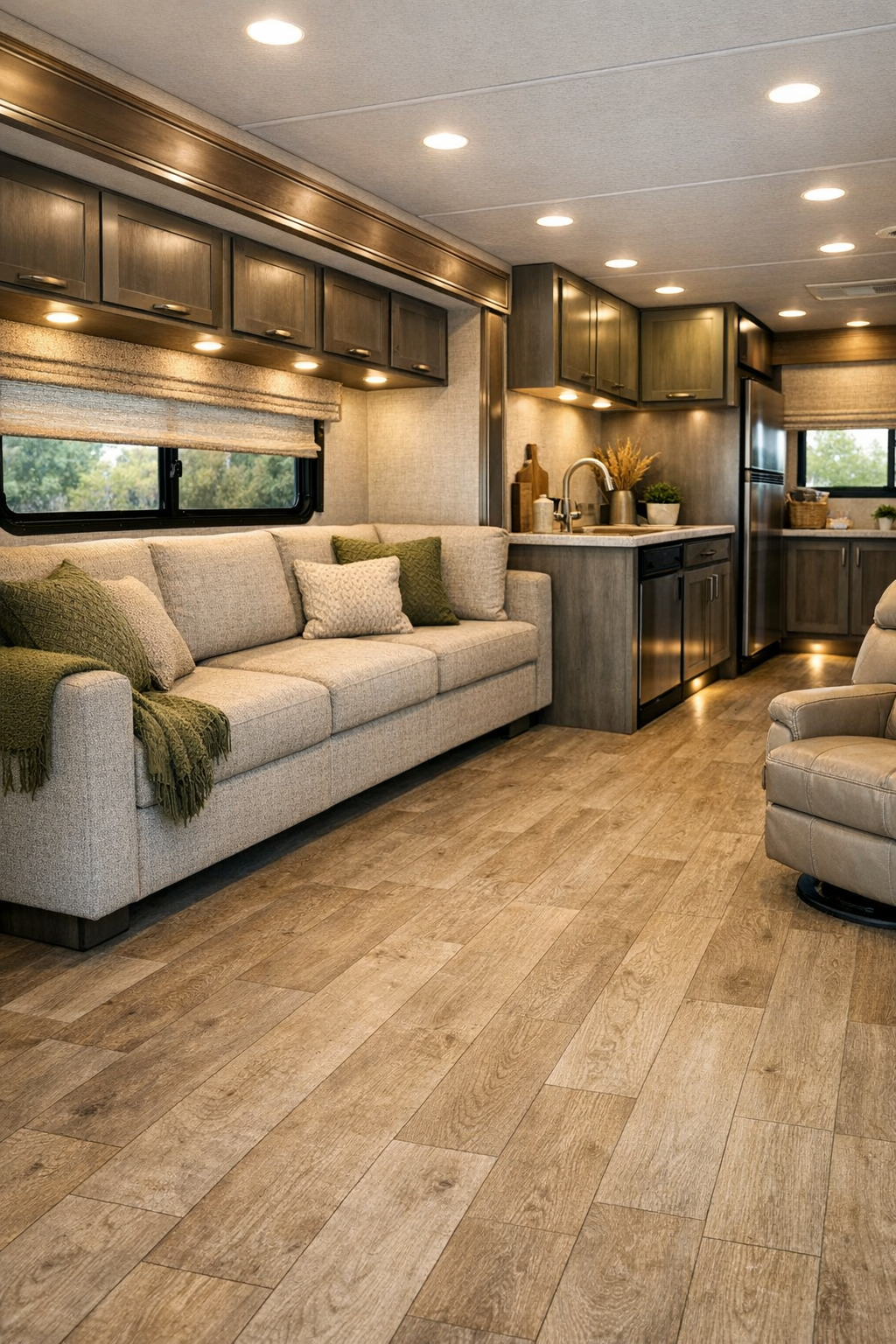 Accessible RV living room with oatmeal sofa, pale oak flooring, and brushed steel accents