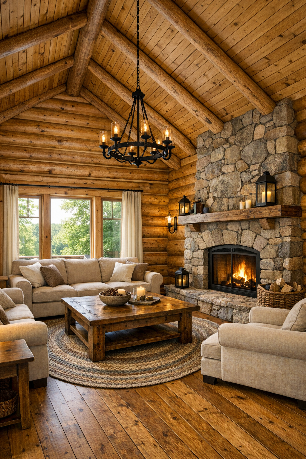 Warm rustic living room with log walls, stone fireplace, and soft neutral seating