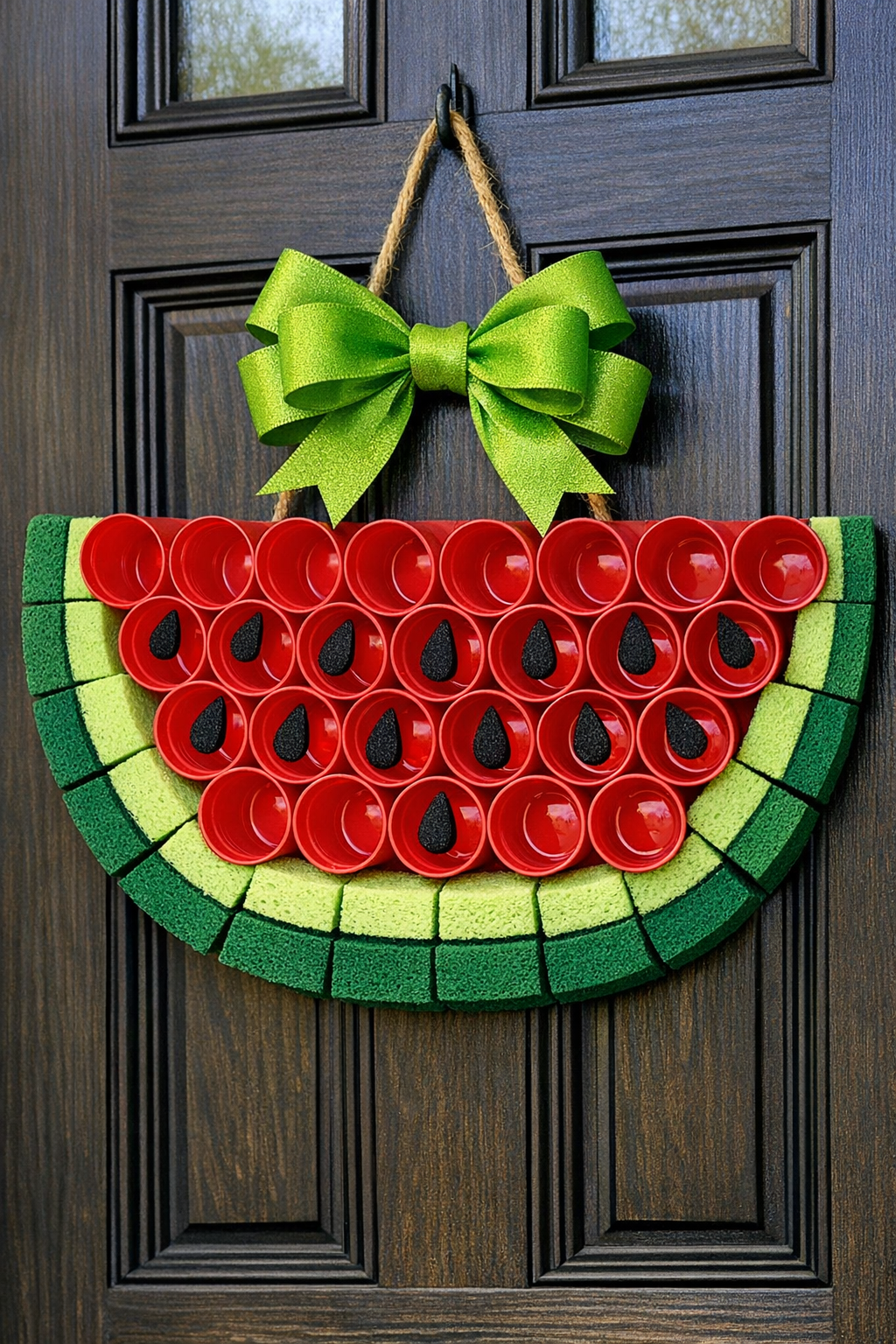 Finished giant watermelon front door hanger made from red cups and green dish sponges