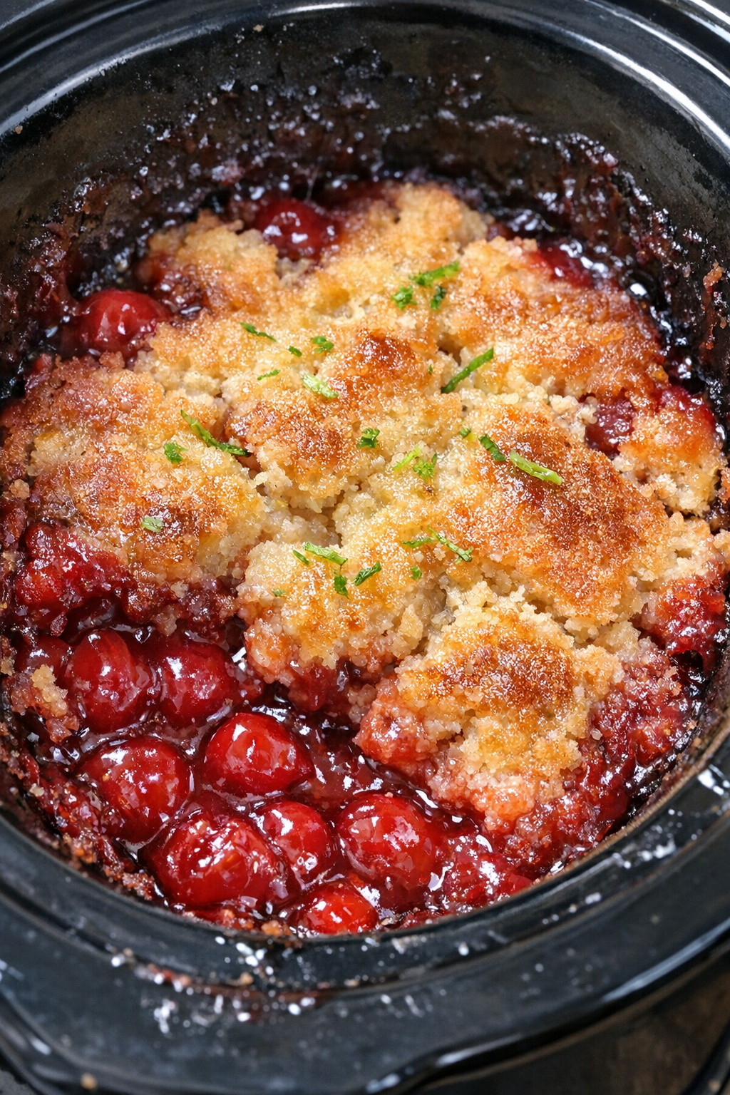 Slow cooker cherry limeade cobbler in a black slow cooker