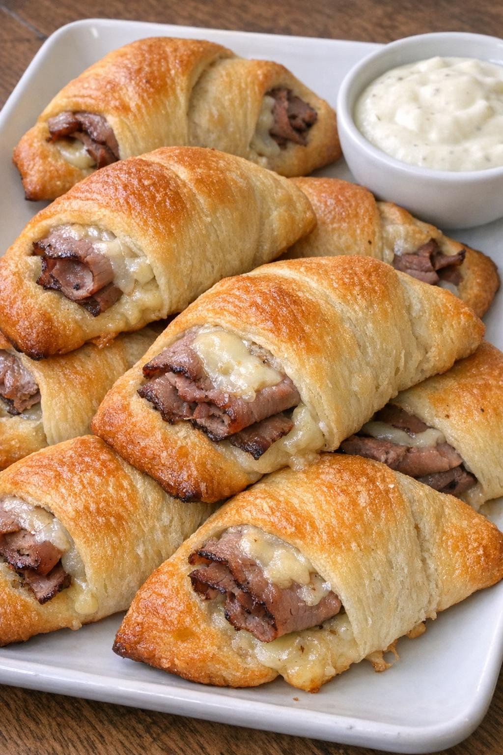 Golden brown crescent dough folds with roast beef and asiago cheese