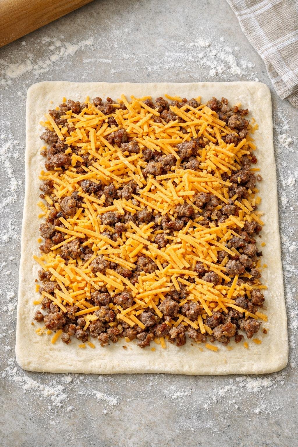 Pastry dough topped with sausage and cheese