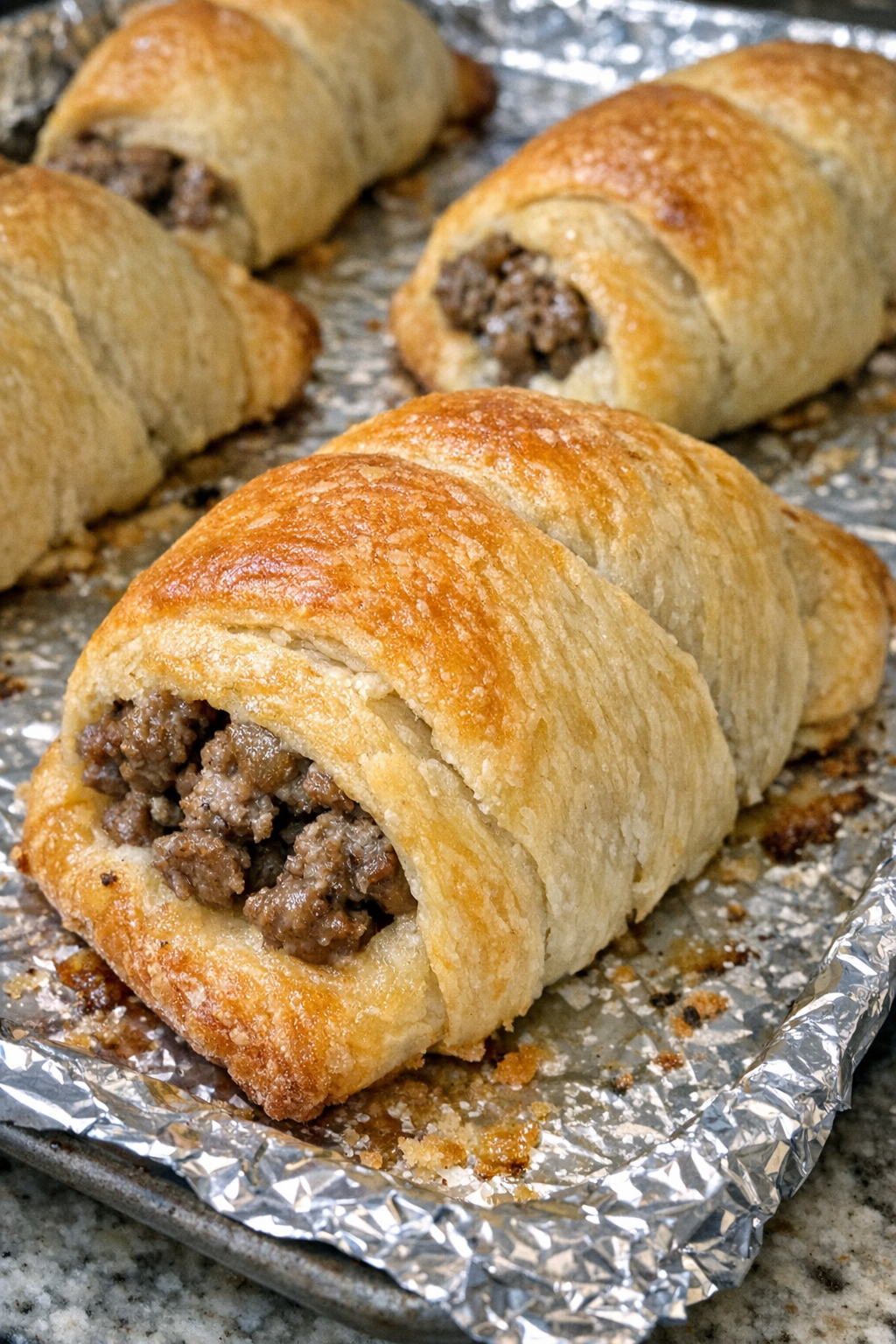 Golden beef crescent rounds baked on a foil-lined sheet pan