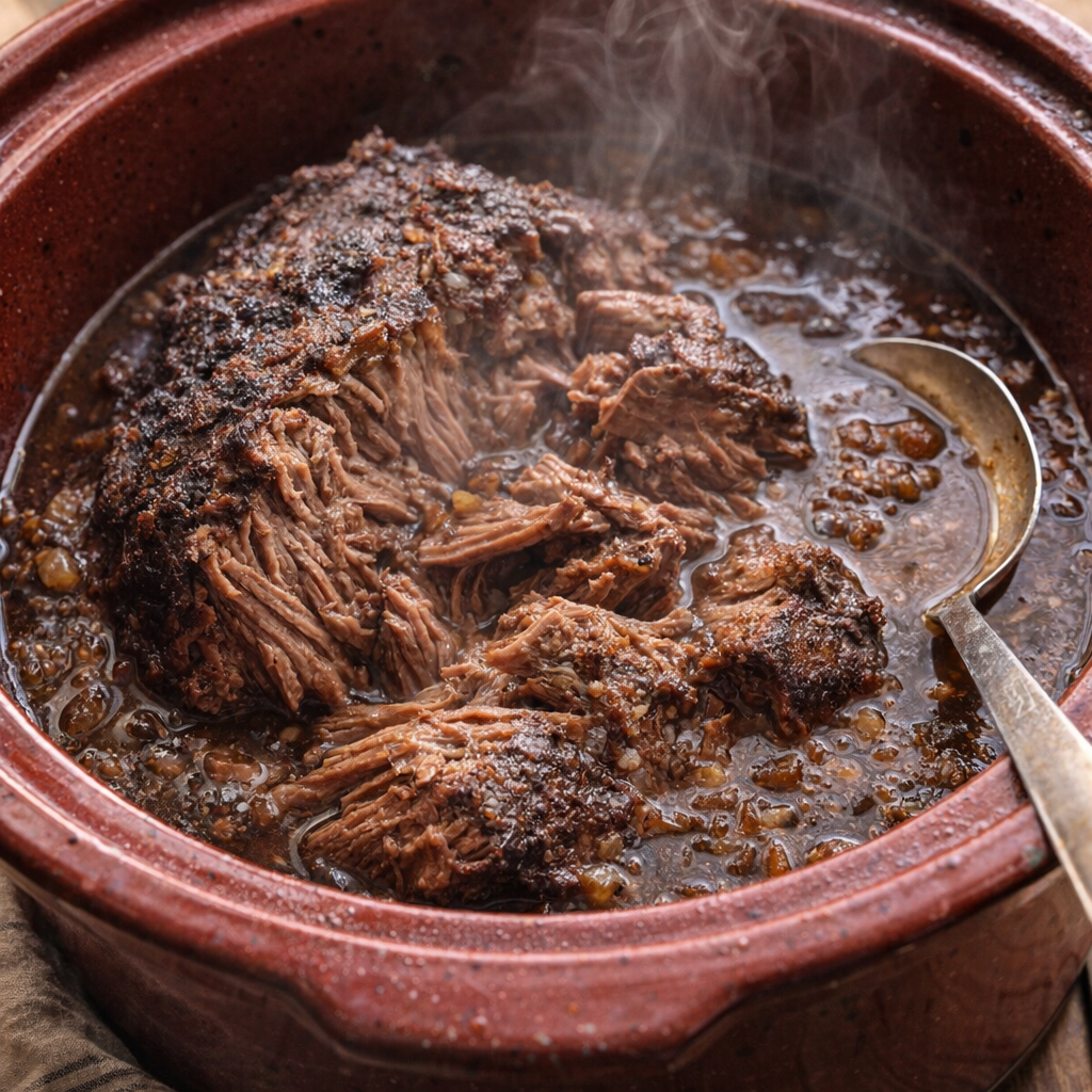 Homestyle pot roast with gravy in a slow cooker