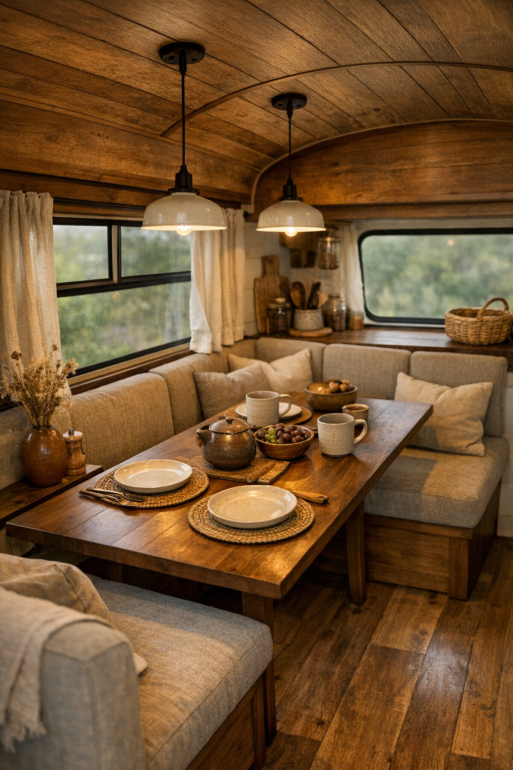 Built-in bus dining nook with farmhouse table, banquette seating, and enamel pendant lights