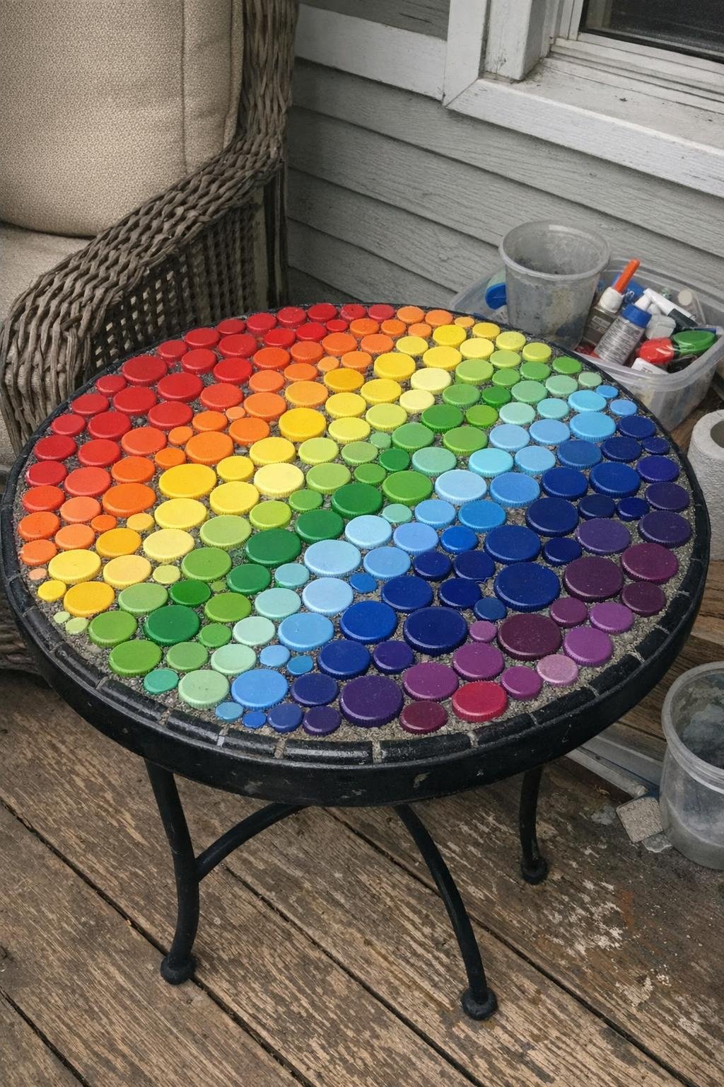 Round tabletop covered in bottle cap mosaic