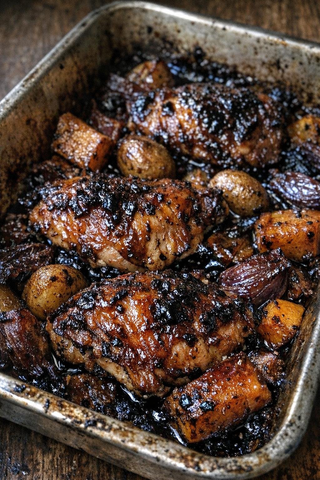 Caramelized baked autumn dinner in a metal baking sheet