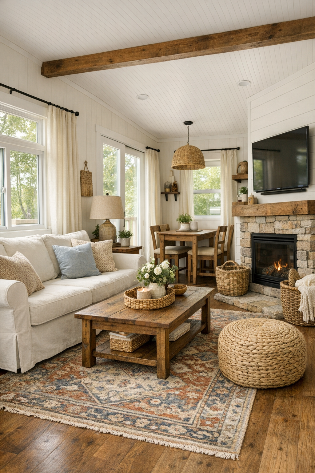 Bright farmhouse-style park model RV living room with a slipcovered sofa, warm wood accents, and soft natural light
