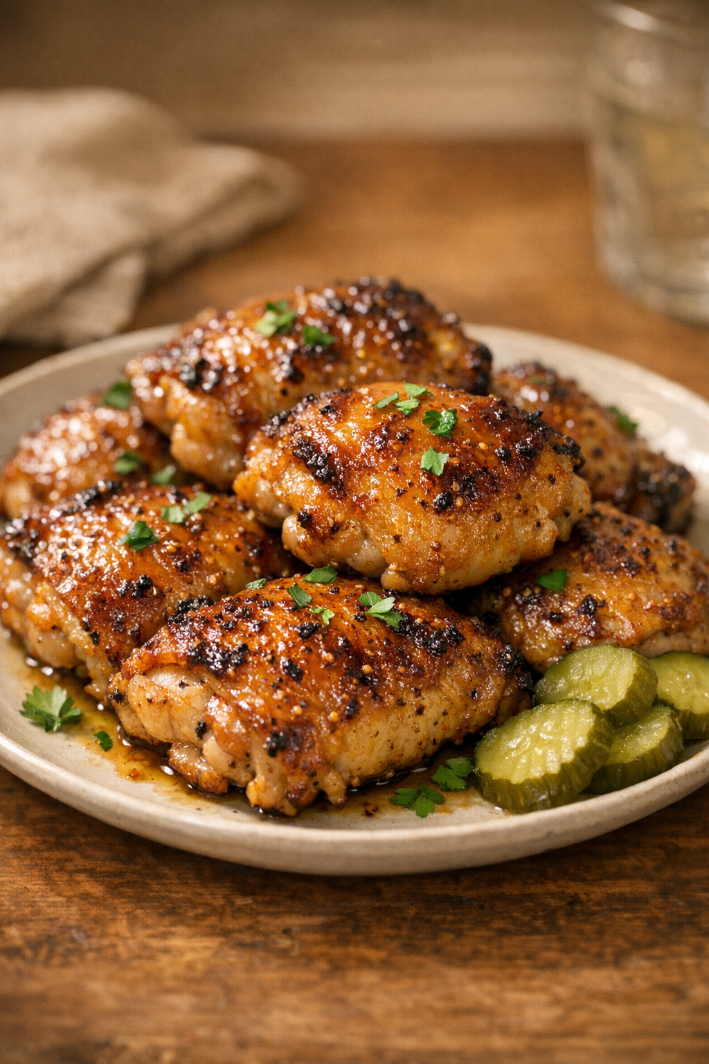 Finished chicken thighs on a serving plate with glossy mustard glaze