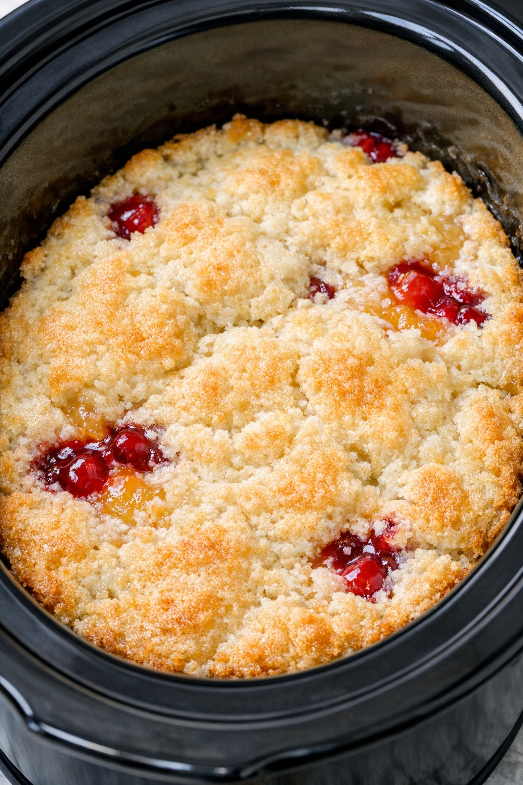 Cooked dessert in the slow cooker with a fluffy top