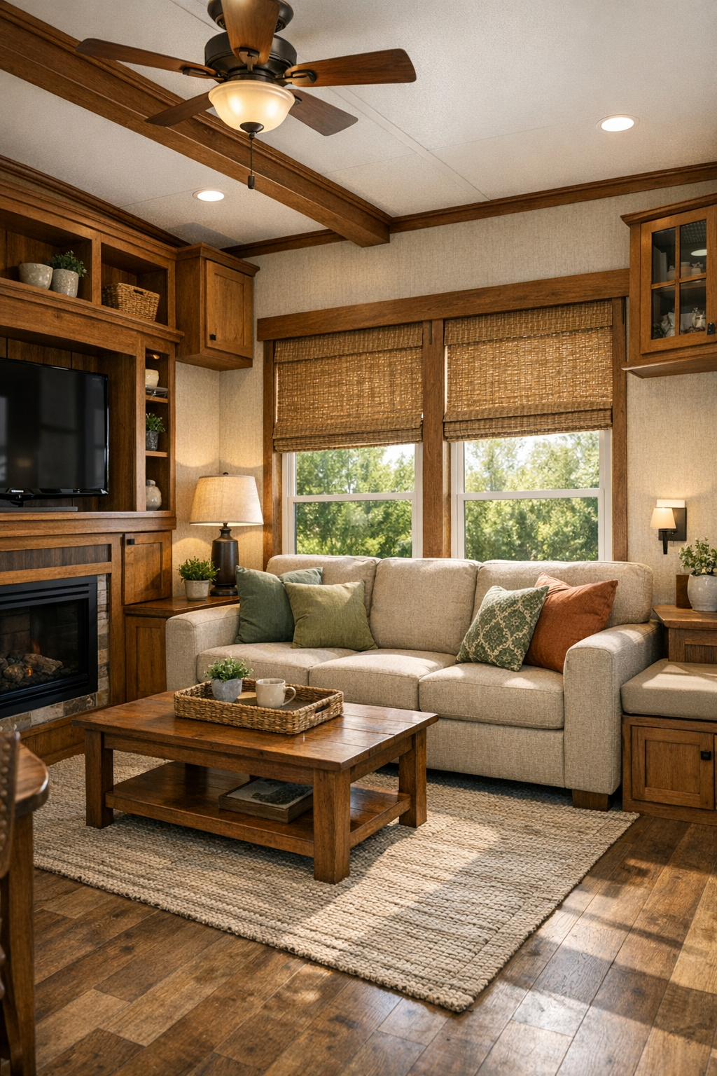Cozy craftsman-style park model RV living room with sage accents and warm wood details