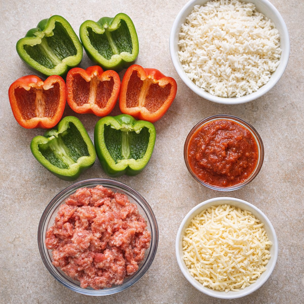 Five simple ingredients arranged on a kitchen counter