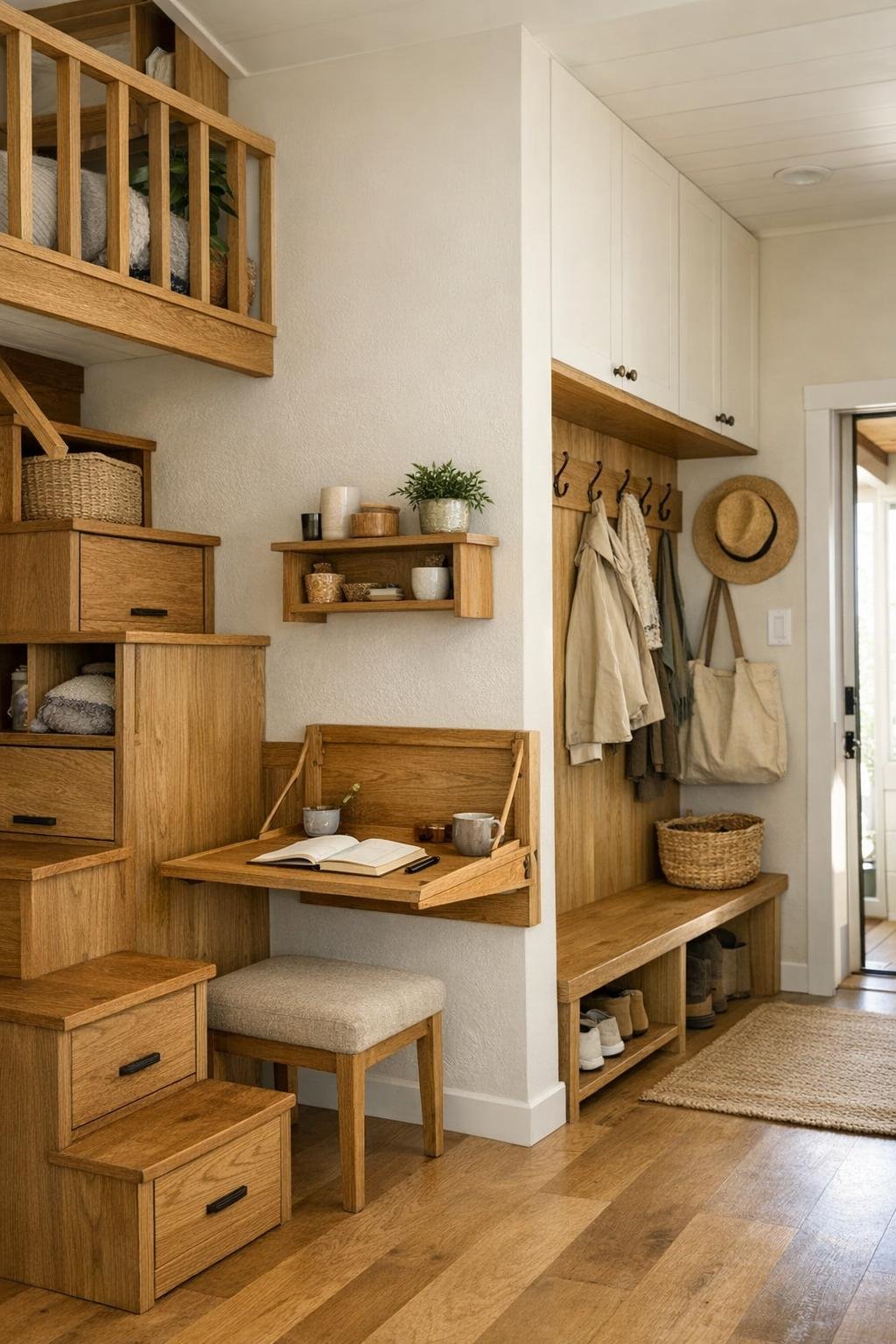 Thoughtful tiny home secondary space with built-in storage stairs, small work nook, and paneled entry details