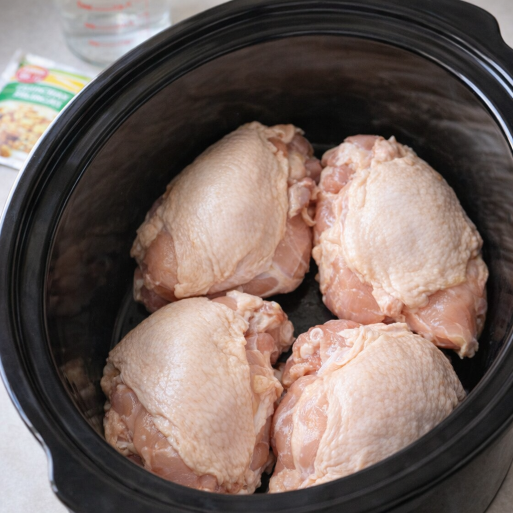 Raw chicken breasts arranged in a slow cooker before cooking