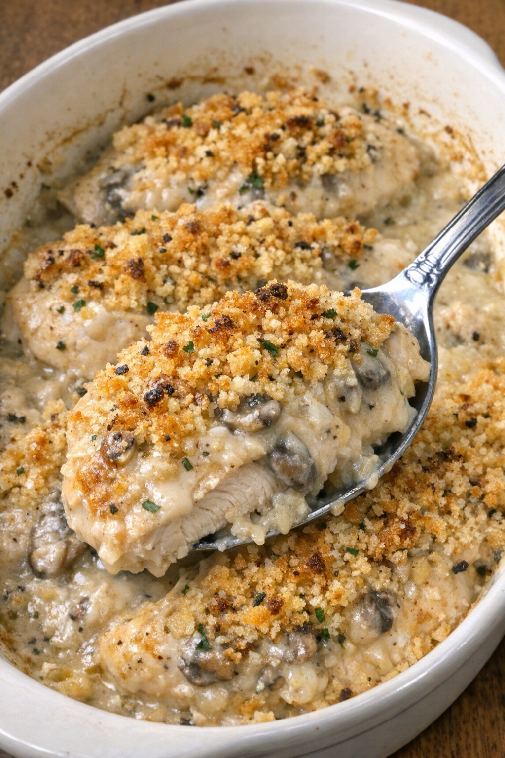 Golden chicken breasts with creamy mushroom sauce and breadcrumb topping in a casserole dish