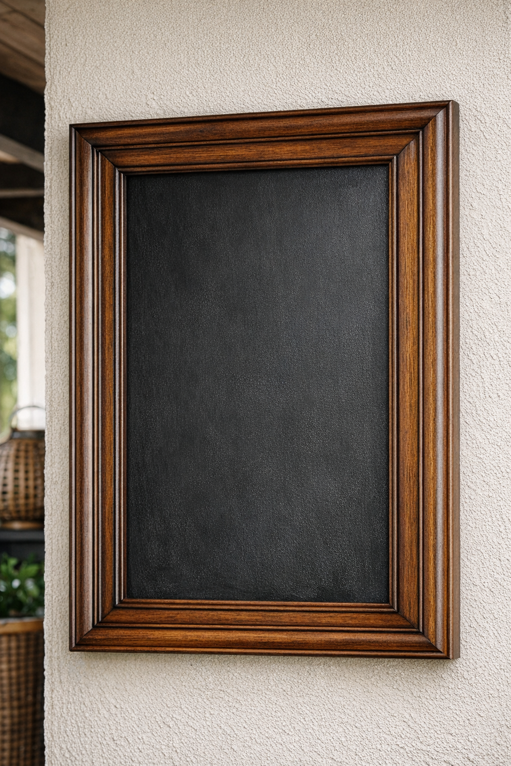 Finished outdoor chalkboard made from a salvaged cabinet door with decorative trim