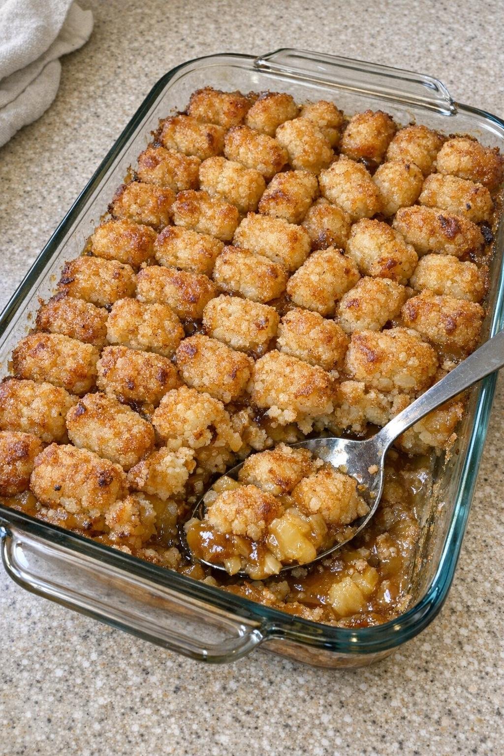 Finished baked tater tot dessert in a glass dish