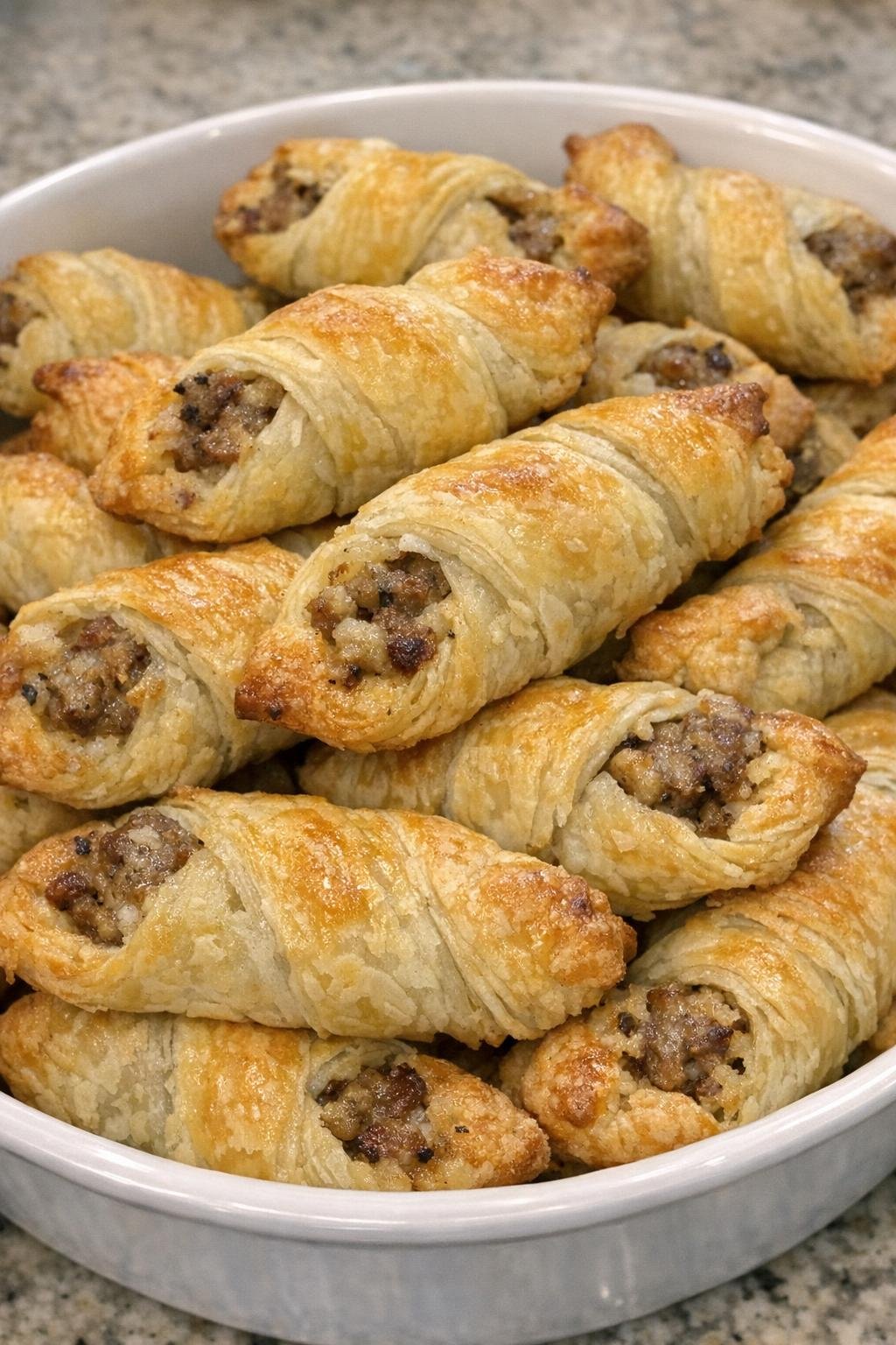 Golden flaky pastry bundles with savory filling in a serving dish