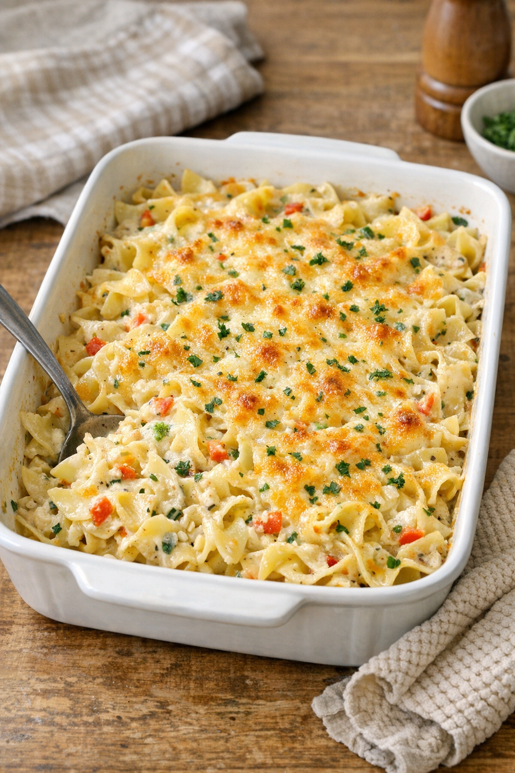 Baked garden vegetable cream cheese noodle casserole in a rustic baking dish