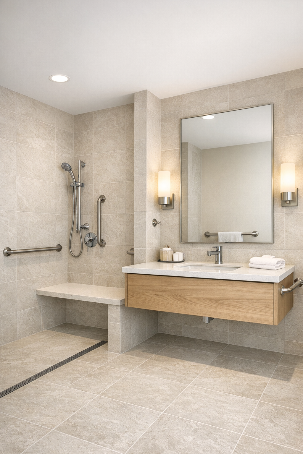 Bathroom with curbless shower, limestone-look tile, and white oak vanity