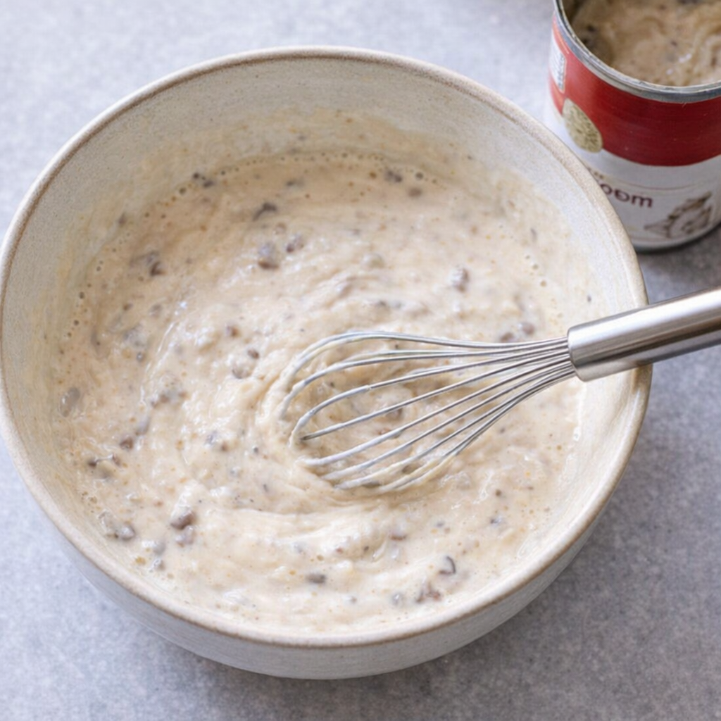 Cream of mushroom sauce being whisked in a bowl