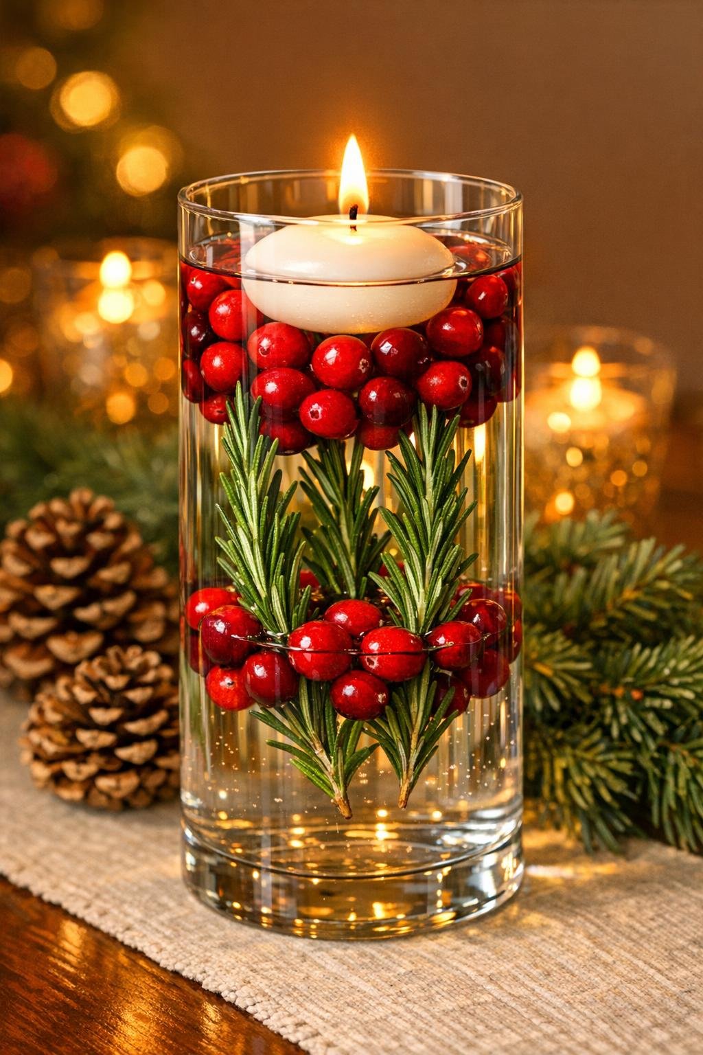 Finished floating cranberry candle centerpiece glowing on a holiday table