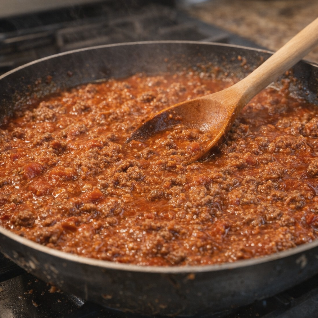 Rundergehakt en tomatensaus sudderen in een koekenpan.