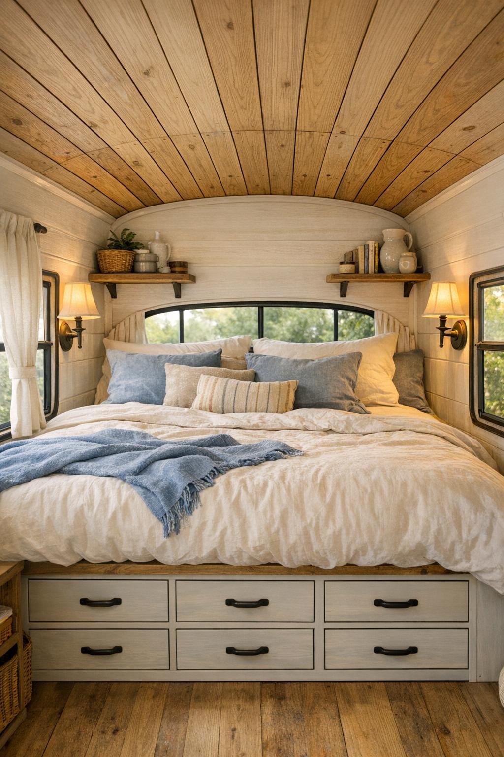 Peaceful bus bedroom with a raised bed platform and soft neutral bedding