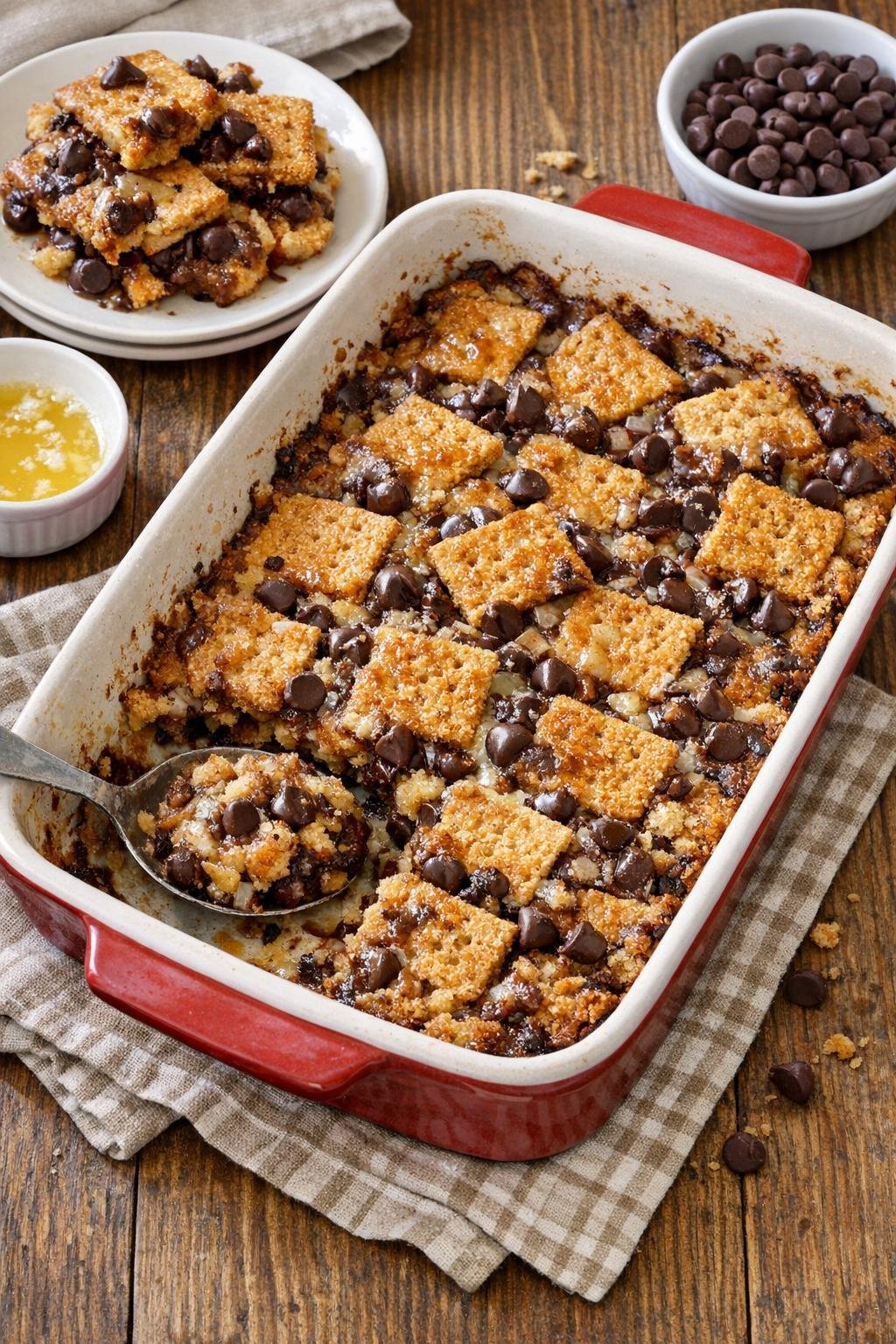 Finished baked graham cracker dessert in a ceramic baking dish