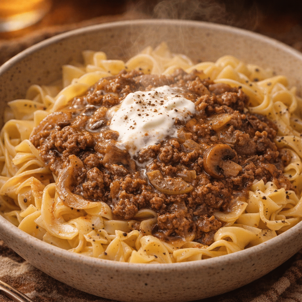Finished beef and gravy served over buttered egg noodles