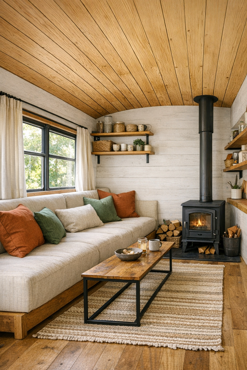 Cozy converted bus living room with built-in sofa and wood stove